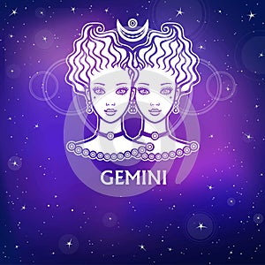 Zodiac sign Gemini. Fantastic princess, animation portrait. White drawing, background - the night stellar sky. photo