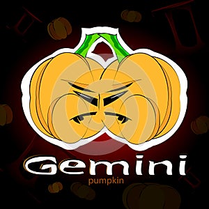 Zodiac sign Gemini. Gemini. Ð¡artoon pumpkin. Black and red background. Pumpkins. Halloween.