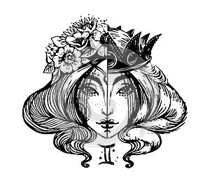 Zodiac sign gemini, queen and girl with a wreath of flowers, twin girls, boho logo engraving, mystical hand drawing