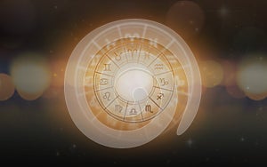 Zodiac sign horoscope astrology for foretell and fortune telling education course concept with horoscopic wheel on constellation photo