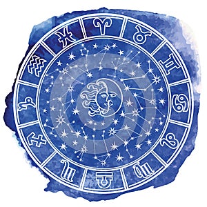 Zodiac sign in Horoscope circle.Blue watercolor photo