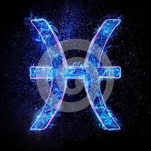 Zodiac sign icon Pisces, blue neon hologram on a dark background of the starry sky, horoscope signs. The concept of fate,