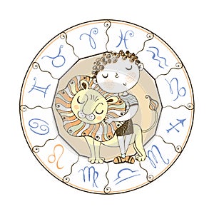 The zodiac sign Leo. Cute boy with a lion cub. Vector