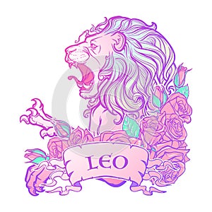Zodiac sign of Leo with a decorative frame roses. photo