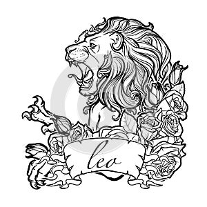 Zodiac sign of Leo with a decorative frame roses.