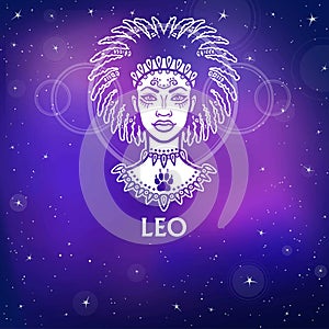 Zodiac sign Leo. Fantastic princess, animation portrait. White drawing, background - the night stellar sky.