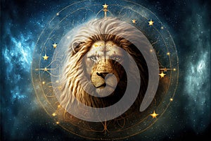 Zodiac sign of Leo, head of lion with magic light in star wheel, generative AI