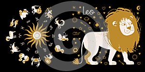 The zodiac sign Leo. Horoscope and astrology. Full horoscope in the circle. Horoscope wheel zodiac with twelve signs vector