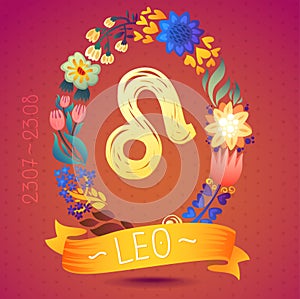 Zodiac sign LEO, in sweet floral wreath. Horoscope sign, flowers, leaves and ribbon