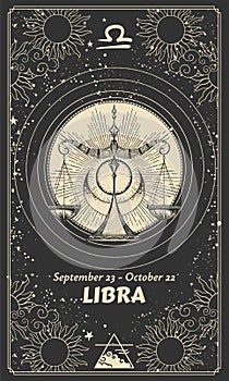 Zodiac sign Libra, astrological card on celestial black background with stars. Realistic vintage vector hand drawing