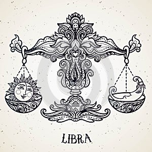 Zodiac sign of Libra or Scales. Line art vector illustration of engraved horoscope symbol. Doodle mystic drawing and hand drawn