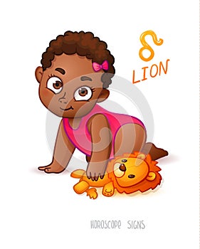 Zodiac sign Lion. Horoscope Sign Lion. African Americam child enjoys playing her Leo Toy