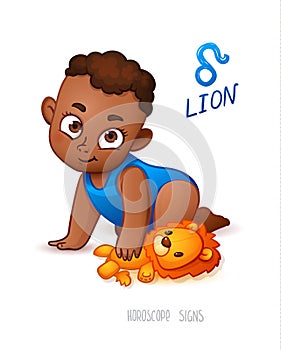 Zodiac sign Lion. Horoscope Sign Lion. African Americam child enjoys playing his Leo Toy