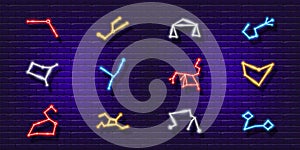 Zodiac sign neon icon set. Astrological zodiac signs glowing symbol