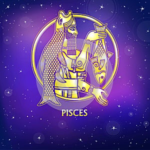 Zodiac sign Pisces. Character of Sumerian mythology. Gold imitation.