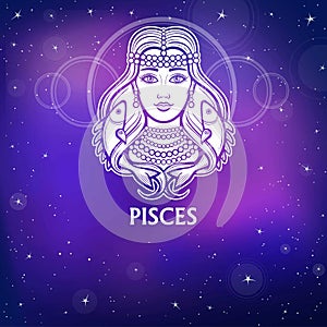 Zodiac sign Pisces. Fantastic princess, animation portrait. White drawing, background - the night stellar sky. photo