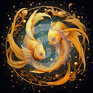 Zodiac sign of Pisces, fantasy gold fish on sky background, generative AI