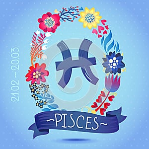 Zodiac sign PISCES, in a sweet floral wreath. Horoscope sign, flowers, leaves and ribbon