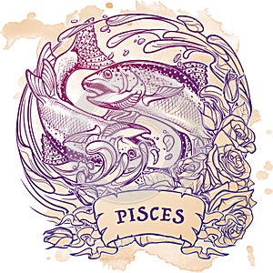 Zodiac sign - Pisces. Two fishes jumping from the water