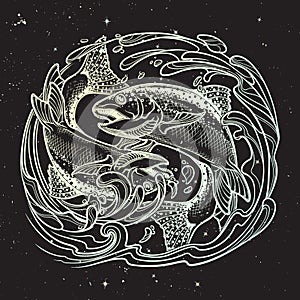 Zodiac sign - Pisces. Two fishes jumping from the water