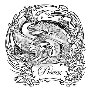 Zodiac sign - Pisces. Two fishes jumping from the water. sketch isolated on white