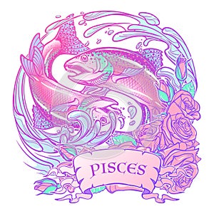 Zodiac sign - Pisces. Two fishes jumping from the water. sketch isolated on white background