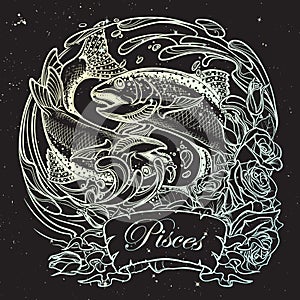 Zodiac sign - Pisces. Two fishes jumping from the water sketch on night sky background