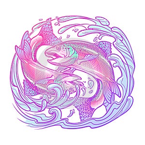Zodiac sign - Pisces. Two fishes jumping from the water. sketch on white background