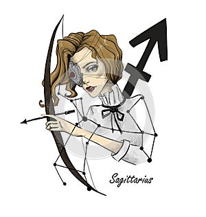 Zodiac sign Sagittarius. Beautiful girl with bow and arrow on white isolated background