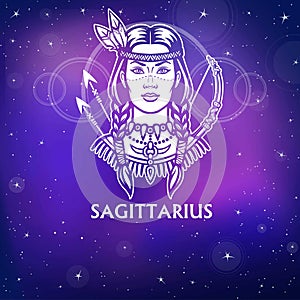 Zodiac sign Sagittarius. Fantastic princess, animation portrait. White drawing, background - the night stellar sky.