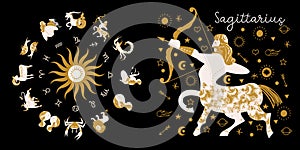 Zodiac sign Sagittarius. Horoscope and astrology. Full horoscope in the circle. Horoscope wheel zodiac with twelve signs vector