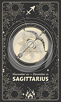 Zodiac sign Sagittarius on vintage vintage black vertical background, astrological symbols, date, constellation, modern