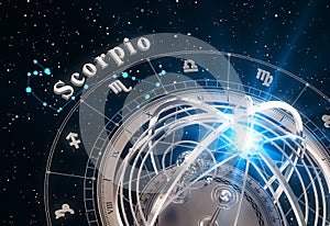 Zodiac Sign Scorpio And Armillary Sphere On Black Background