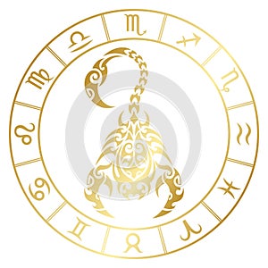 Zodiac sign scorpio and circle constellations in maori tattoo style. Gold on white background vector photo