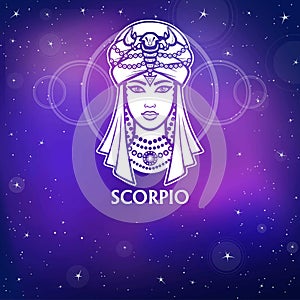 Zodiac sign Scorpio . Fantastic princess, animation portrait. White drawing, background - the night stellar sky.