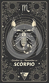 Zodiac sign Scorpio, vintage card with symbols and dates. Mystical black card with realistic hand drawing, astrology