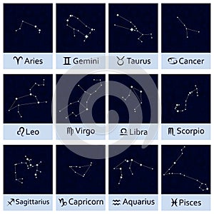 Zodiac sign. Set of all horoscope constellation stars.