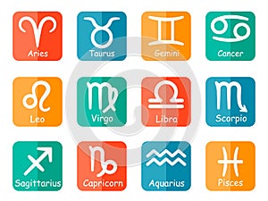 Zodiac sign symbols vector with captions on colorful buttons