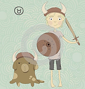 Zodiac sign Taurus. A boy with a sword and a shiel