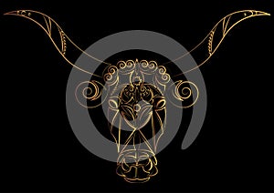 Zodiac sign Taurus. Bull. The bull`s head is painted with gold threads, lines and pattern. Vector illustration, Isolated on black.