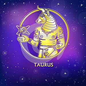 Zodiac sign Taurus. Character of Sumerian mythology. Gold imitation.