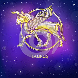 Zodiac sign Taurus. Character of Sumerian mythology. Gold imitation.