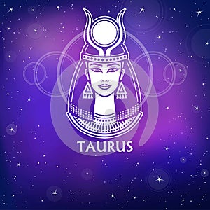 Zodiac sign Taurus. Fantastic princess, animation portrait. White drawing, background - the night stellar sky. photo