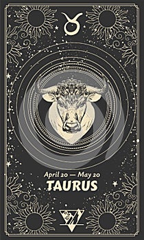 Zodiac sign Taurus, vintage astrological graphic card for calendar, mystical black background, horoscope. Modern