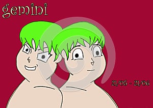 Zodiac sign of the twins in a cartoon version, gemini, colors.