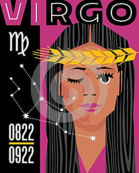 Zodiac sign Virgo, Abstract retro design with Virgin maiden and wheat, symbols and constellation.