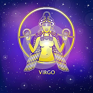 Zodiac sign Virgo. Character of Sumerian mythology. Gold imitation.