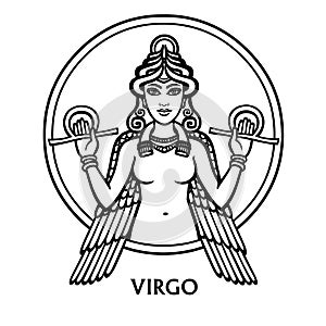 Zodiac sign Virgo. Vector art. Black and white zodiac drawing isolated on white.