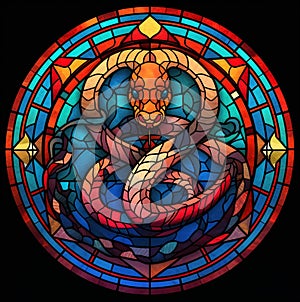 zodiac sign year of snake in stained glass concept, ai generated photo