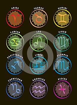Zodiac Signs / 12 Astrology Icons with Names - Black Background